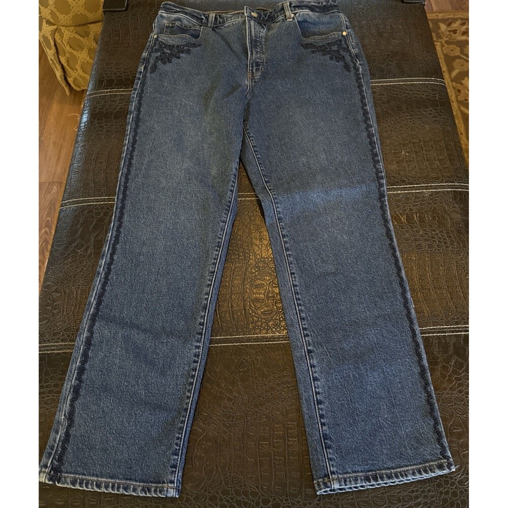 Talbots 5-Pocket Straight Leg Jeans Ivy Embroidered Wash Womens Size 14